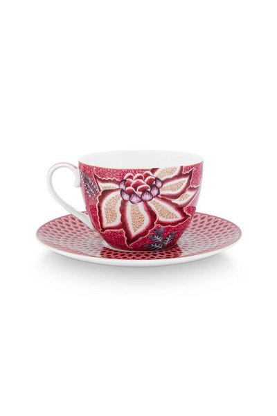 (image for) Pip Studio Flower Festival Set/2 Cappuccino Tasse &Amp; Undertasse Dunkelrosa | Pip Studio Sale-2792