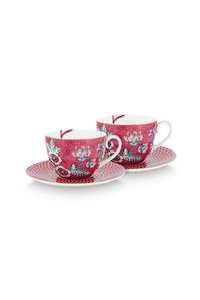 (image for) Pip Studio Flower Festival Set/2 Cappuccino Tasse &Amp; Undertasse Dunkelrosa | Pip Studio Sale-2792